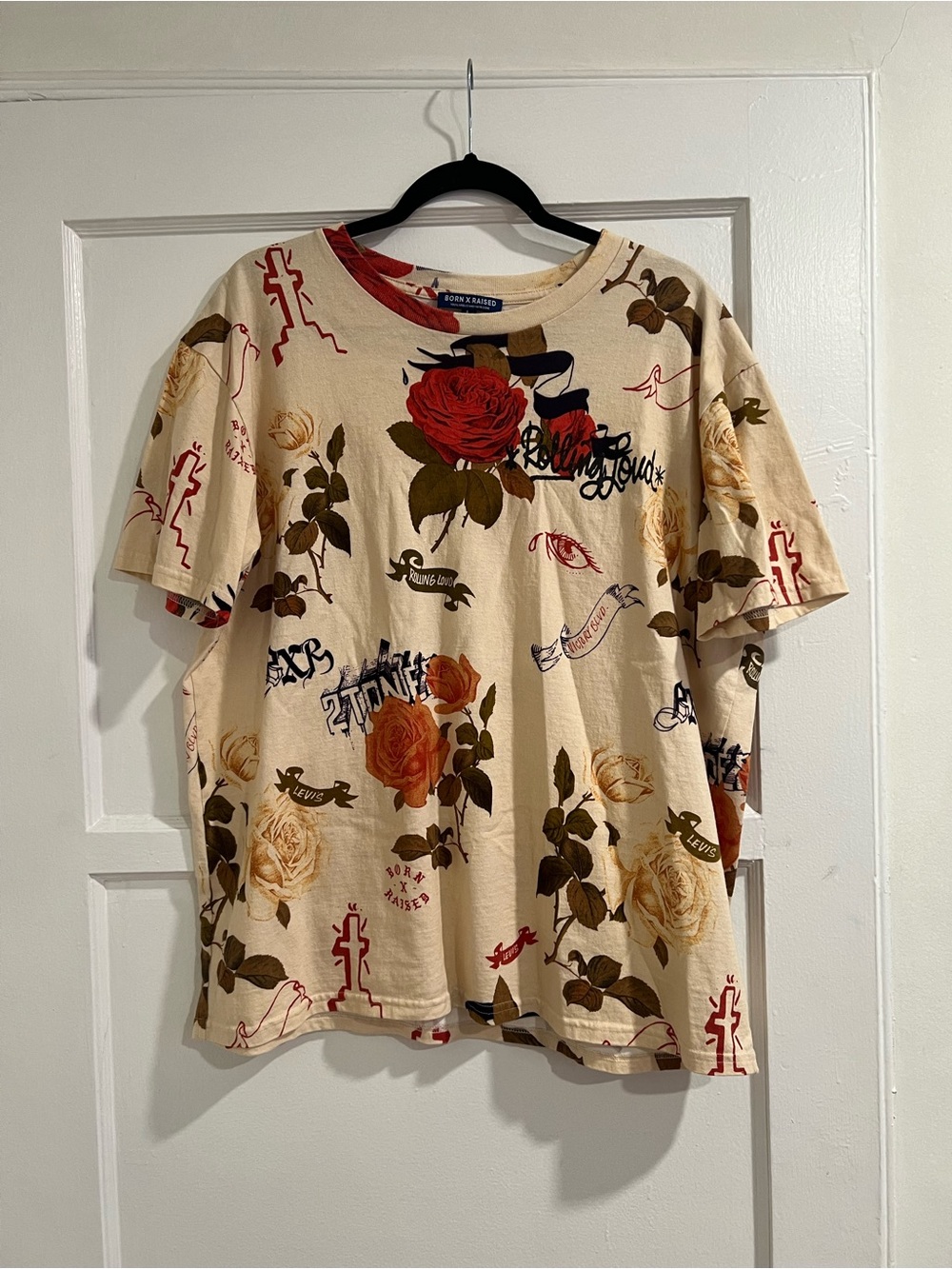 BORN X RAISED Floral Graphic Short Sleeve Tee - Cream, Red, Brown